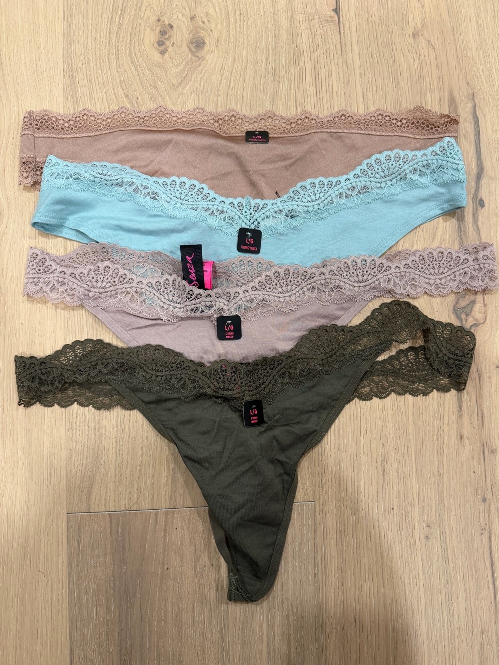 Women's Lace-Trim La Senza Thong - 4-Pack (Nude, Blue, Mauve, Olive)